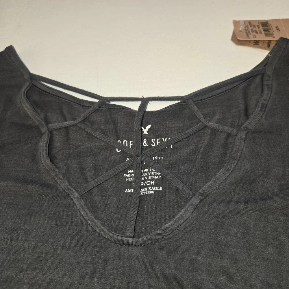 American Eagle Gray Soft & Sexy Long Sleeve Womens Tee Crosscross V-Neck Small - Picture 2 of 7